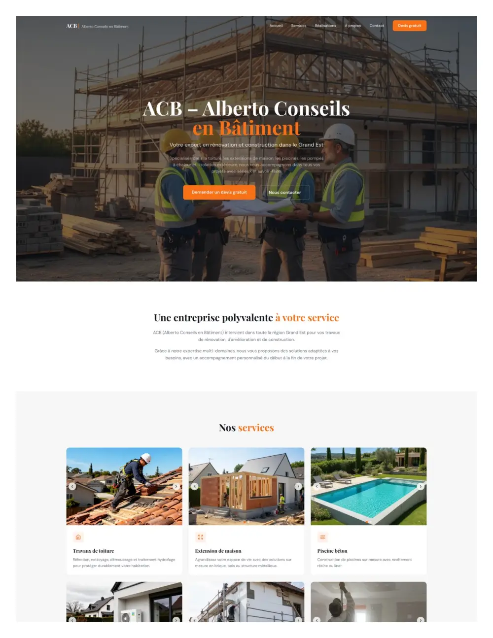 Site vitrine BTP ACB Rénovation – services couverture et charpente Grand Est
