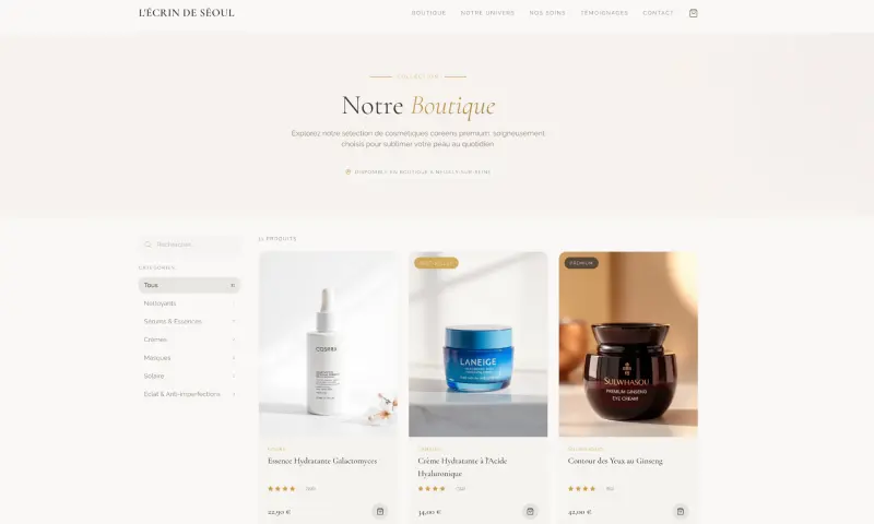 Catalogue produits cosmétique coréenne – filtres par catégorie skincare