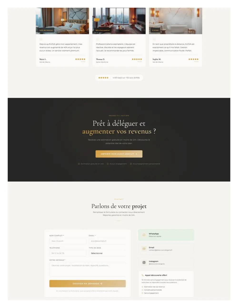 Tunnel de conversion conciergerie – témoignages et formulaire contact