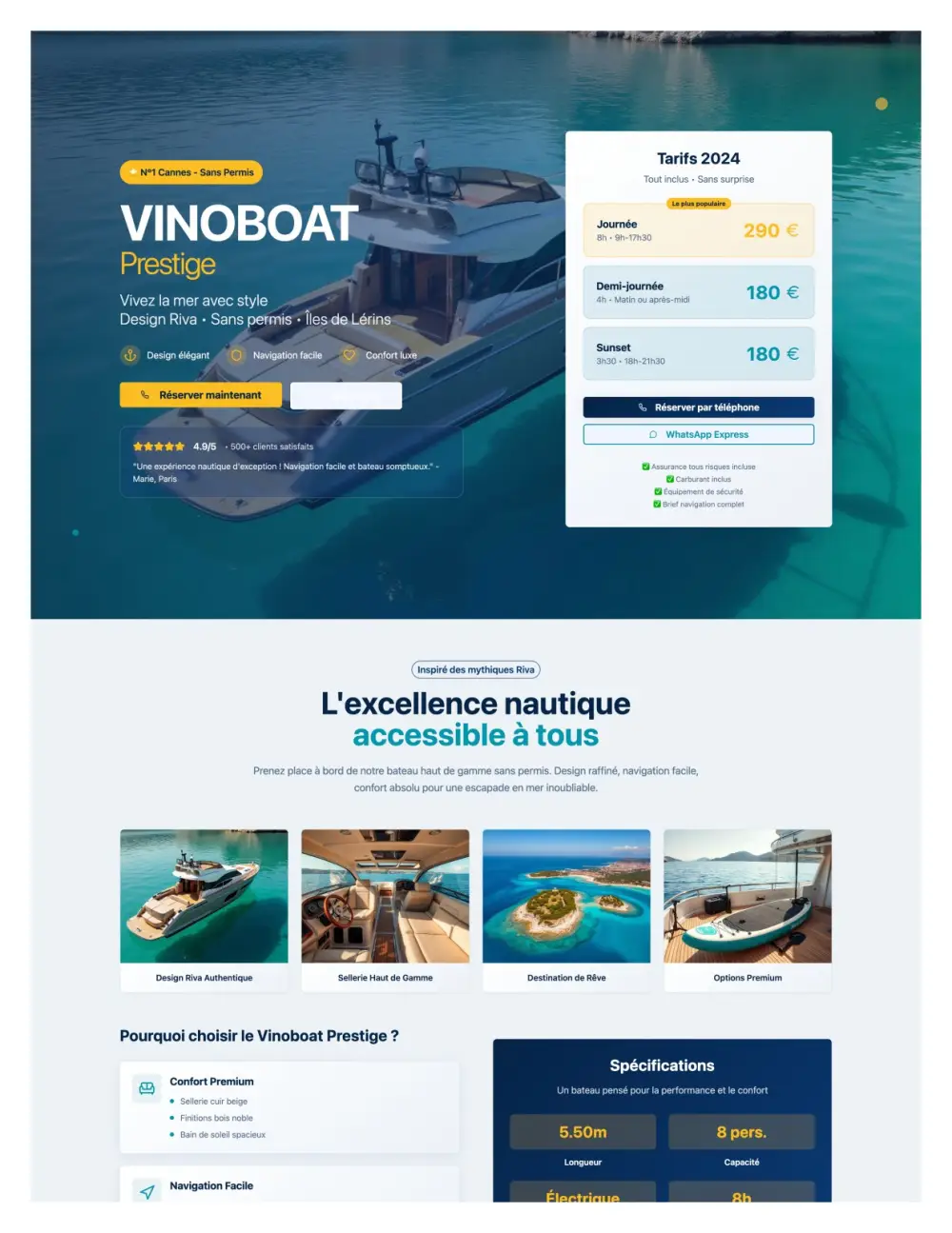 Landing page location bateau luxe Cannes – tarifs et design Riva
