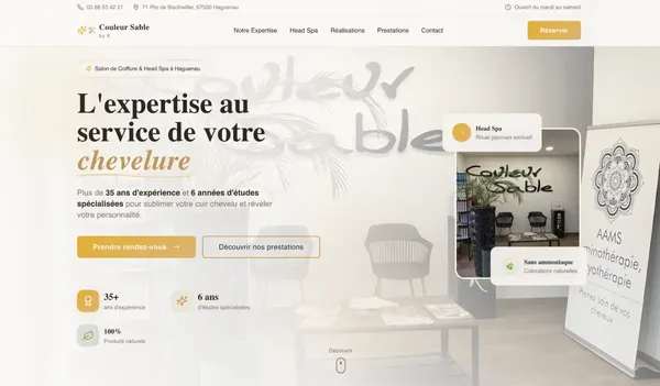 Site vitrine premium pour salon de coiffure - Couleur Sable by K | Portfolio ConvertiLab