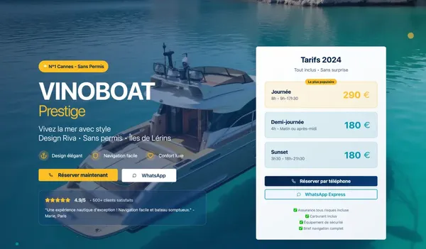 Etude de cas Vinoboat Prestige - Landing page premium pour expérience nautique de luxe | ConvertiLab